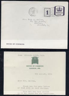 Great Britain 1970 cover and Letter from Michael Cocks, MP,  House of Commons, stamps on 