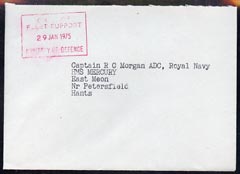 Great Britain 1975 unstamped cover from Fleet Support, MOD, with Royal Coat of Arms on reverse (Military Mail), stamps on 