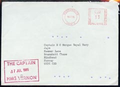 Great Britain 1985 cover from HMS Vernon to Surrey, with Royal Coat of Arms on flap (Military Mail), stamps on , stamps on  stamps on great britain 1985 cover from hms vernon to surrey, stamps on  stamps on  with royal coat of arms on flap (military mail)