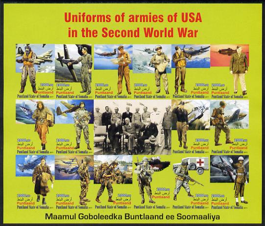 Somaliland 2011 Uniforms of Armies of the USA in World War II imperf sheetlet containing 16 values unmounted mint, stamps on , stamps on  stamps on militaria, stamps on  stamps on  ww2 , stamps on  stamps on aviation, stamps on  stamps on uniforms, stamps on  stamps on churchill, stamps on  stamps on roosevelt, stamps on  stamps on tanks, stamps on  stamps on trucks