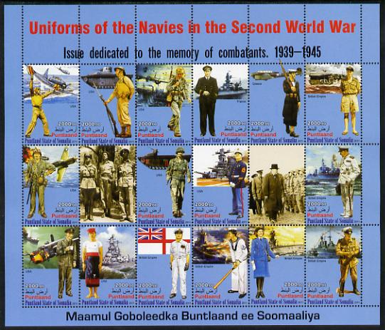 Somaliland 2011 Uniforms of the Navies in World War II #1 perf sheetlet containing 18 values unmounted mint, stamps on militaria, stamps on  ww2 , stamps on aviation, stamps on uniforms, stamps on churchill, stamps on baseball, stamps on tanks, stamps on ships