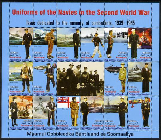 Somaliland 2011 Uniforms of the Navies in World War II #2 perf sheetlet containing 16 values unmounted mint, stamps on militaria, stamps on  ww2 , stamps on aviation, stamps on uniforms, stamps on churchill, stamps on roosevelt, stamps on tanks, stamps on ships