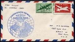 United States 1947 First Flight cover to Karachi, India with special FAM 18 cachet , stamps on , stamps on  stamps on united states 1947 first flight cover to karachi, stamps on  stamps on  india with special fam 18 cachet 