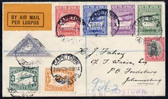 South Africa 1925 Air set on reg cover with 1926 triangular plus 1929 Air pair, all cancelled Capetown cds with part violet Reg handstamp and b/stamps of Capetown  and Fo..., stamps on 