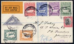 South Africa 1925 Air set on reg cover with 1926 triangular plus 1929 Air pair, all cancelled Capetown cds with part violet Reg handstamp and b/stamps of Capetown,and Fordsburg, Johannesburg., stamps on , stamps on  stamps on south africa 1925 air set on reg cover with 1926 triangular plus 1929 air pair, stamps on  stamps on  all cancelled capetown cds with part violet reg handstamp and b/stamps of capetown  and fordsburg, stamps on  stamps on  johannesburg.