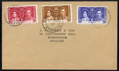 Antigua 1937 KG6 Coronation set of 3 on cover with first day cancel addressed to the forger, J D Harris.  Harris was imprisoned for 9 months after Robson Lowe exposed him..., stamps on , stamps on  kg6 , stamps on forgery, stamps on forger, stamps on forgeries, stamps on coronation
