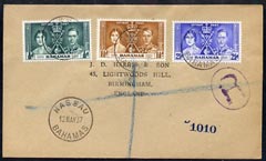 Bahamas 1937 KG6 Coronation set of 3 on reg cover with first day cancel addressed to the forger, J D Harris.  Harris was imprisoned for 9 months after Robson Lowe exposed him for applying forged first day cancels to Coronation covers (details supplied)., stamps on , stamps on  stamps on , stamps on  stamps on  kg6 , stamps on  stamps on forgery, stamps on  stamps on forger, stamps on  stamps on forgeries, stamps on  stamps on coronation