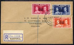 Cook Islands 1937 KG6 Coronation set of 3 on cover with first day cancel addressed to the forger, J D Harris.  Harris was imprisoned for 9 months after Robson Lowe expose..., stamps on , stamps on  kg6 , stamps on forgery, stamps on forger, stamps on forgeries, stamps on coronation