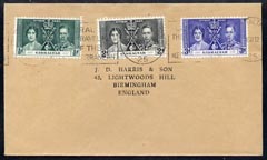 Gibraltar 1937 KG6 Coronation set of 3 on cover with first day cancel addressed to the forger, J D Harris.  Harris was imprisoned for 9 months after Robson Lowe exposed him for applying forged first day cancels to Coronation covers (details supplied)., stamps on , stamps on  stamps on , stamps on  stamps on  kg6 , stamps on  stamps on forgery, stamps on  stamps on forger, stamps on  stamps on forgeries, stamps on  stamps on coronation