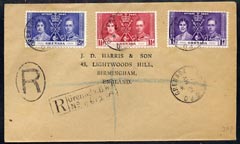 Grenada 1937 KG6 Coronation set of 3 on plain cover with first day cancel addressed to the forger, J D Harris.  Harris was imprisoned for 9 months after Robson Lowe expos..., stamps on , stamps on  kg6 , stamps on forgery, stamps on forger, stamps on forgeries, stamps on coronation