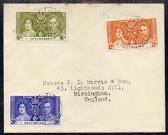 Seychelles 1937 KG6 Coronation set of 3 on plain cover with first day cancel addressed to the forger, J D Harris.  Harris was imprisoned for 9 months after Robson Lowe ex..., stamps on , stamps on  kg6 , stamps on forgery, stamps on forger, stamps on forgeries, stamps on coronation
