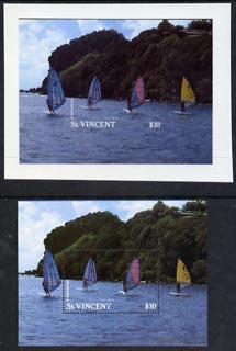 St Vincent 1988 Tourism m/sheet Windsurfers imperf proof in near issued colours of m/sheet on plastic card (Cromalin) plus issued m/sheet, Ex Format International archive..., stamps on xxx