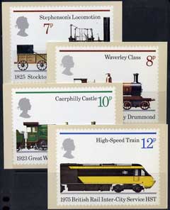 Great Britain 1975 150th Anniversary of Public Railways set of 4 PHQ cards unused and mainly fine (very slight corner dent on 7p & 8p) cat \A370, stamps on railways