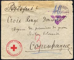 Poland 1918(?) WWI censored cover from Krakau to Copenhagen with fine d/ring Red Cross mark, d/ring Krakua cds plus indistinct violet triangular cancel., stamps on , stamps on  stamps on poland 1918(?) wwi censored cover from krakau to copenhagen with fine d/ring red cross mark, stamps on  stamps on  d/ring krakua cds plus indistinct violet triangular cancel.