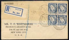 Ireland 1926 reg cover to USA bearing block of 4 x 1s with superb Drogheda cds cancels, cover slightly faded around address, stamps on 