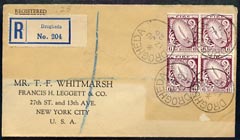 Ireland 1926 reg cover to USA bearing block of 4 x 6d with superb Drogheda cds cancels, cover slightly faded around address, stamps on 