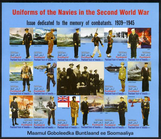 Somaliland 2011 Uniforms of the Navies in World War II #2 imperf sheetlet containing 16 values unmounted mint, stamps on militaria, stamps on  ww2 , stamps on aviation, stamps on uniforms, stamps on churchill, stamps on roosevelt, stamps on tanks, stamps on ships