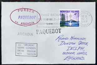 Norfolk Island used in Dakar (Senegal) 1968 Paquebot cover to England carried on SS Arcadia with various paquebot and ships cachets, stamps on paquebot