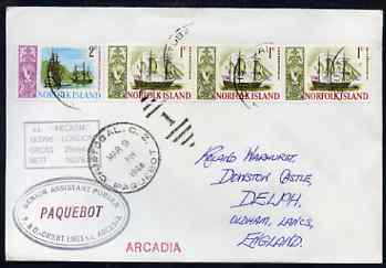 Norfolk Island used in Cristobal (Canal Zone) 1968 Paquebot cover to England carried on SS Arcadia with various paquebot and ships cachets, stamps on paquebot