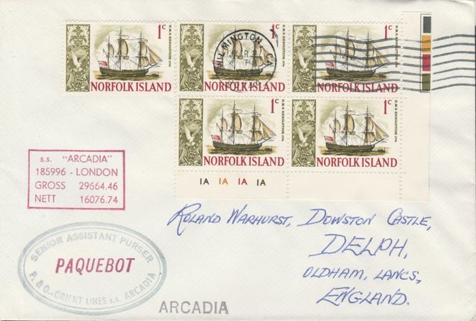 Norfolk Island used in Wilmington (California) 1968 Paquebot cover to England carried on SS Arcadia with various paquebot and ships cachets, stamps on paquebot