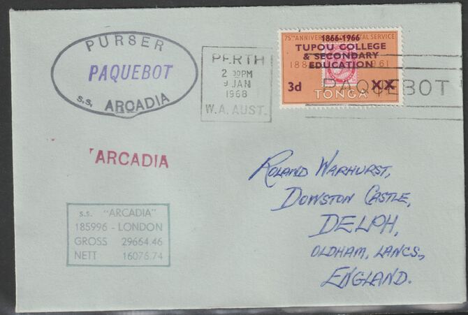 Tonga used in Perth (Western Australia) 1968 Paquebot cover to England carried on SS Arcadia with various paquebot and ships cachets, stamps on paquebot