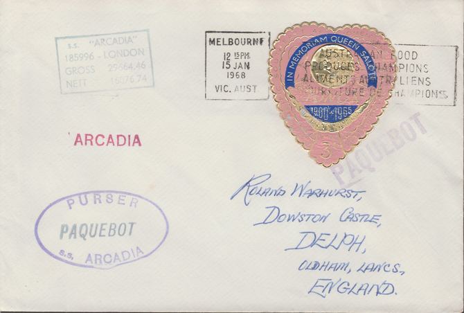 Tonga used in Melbourne (Victoria) 1968 Paquebot cover to England carried on SS Arcadia with various paquebot and ships cachets, stamps on , stamps on  stamps on paquebot