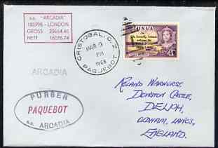 Tonga used in Cristobal (Canal Zone) 1968 Paquebot cover to England carried on SS Arcadia with various paquebot and ships cachets, stamps on paquebot