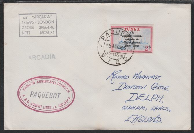 Tonga used in Vigo (Spain) 1968 Paquebot cover to England carried on SS Arcadia with various paquebot and ships cachets, stamps on paquebot