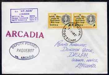 Tonga used in Greece 1968 Paquebot cover to England carried on SS Arcadia with various paquebot and ships cachets, stamps on paquebot