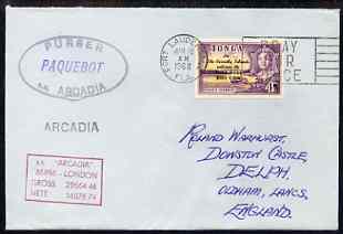 Tonga used in Fort Lauderdale (Florida) 1968 Paquebot cover to England carried on SS Arcadia with various paquebot and ships cachets, stamps on paquebot