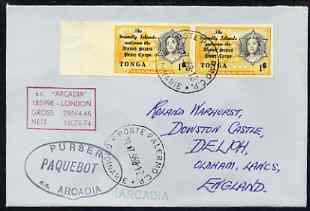 Tonga used in Palermo (Sicily) 1968 Paquebot cover to England carried on SS Arcadia with various paquebot and ships cachets, stamps on paquebot