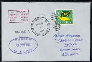 Jamaica used in Cristobal (Canal Zone) 1968 Paquebot cover to England carried on SS Arcadia with various paquebot and ships cachets, stamps on , stamps on  stamps on paquebot