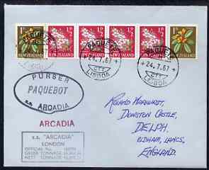 New Zealand used in Lisbon (Portugal) 1967 Paquebot cover to England carried on SS Arcadia with various paquebot and ships cachets, stamps on paquebot