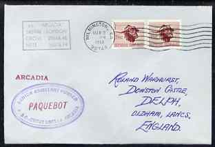 South Africa used in Wilmington (California) 1968 Paquebot cover to England carried on SS Arcadia with various paquebot and ships cachets, stamps on paquebot