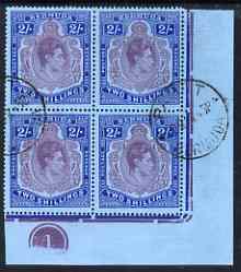 Bermuda 1938-53 KG6 2s (Mar 44 ptg ?) fu plate block of 4 (stamps 47-8, 59-60) showing head plate variety on stamp 47 (cds of 2 Mar 45), stamps on , stamps on  stamps on , stamps on  stamps on  kg6 , stamps on  stamps on 