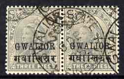 Indian States - Gwalior 1899-1911 QV 3p horiz pair fine used, SG39 cat \A3120