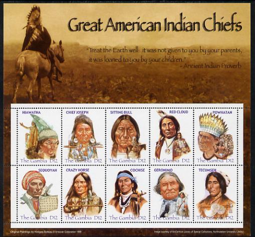 Gambia 2005 Great American Indian Chiefs perf sheetlet containing 10 values unmounted mint, SG 4891-4900, stamps on americana, stamps on indians, stamps on wild west, stamps on cultures