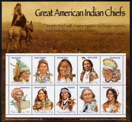 Gambia 2005 Great American Indian Chiefs perf sheetlet containing 10 values unmounted mint, SG 4891-4900, stamps on , stamps on  stamps on americana, stamps on  stamps on indians, stamps on  stamps on wild west, stamps on  stamps on cultures