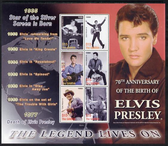 Gambia 2005 70th Birth Anniversary of Elvis Presley perf sheetlet containing 6 values unmounted mint, SG 4793-97, stamps on , stamps on  stamps on personalities, stamps on  stamps on elvis, stamps on  stamps on films, stamps on  stamps on music, stamps on  stamps on cinema, stamps on  stamps on movies