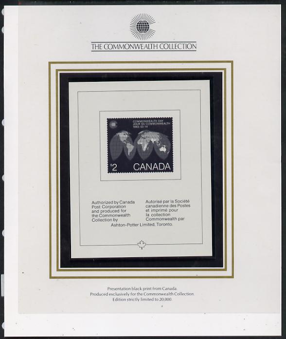 Canada 1983 Commonwealth Day Presentation black print specially authorised for the Commonwealth Collection and limited to just 20,000 in folder, stamps on , stamps on  stamps on maps