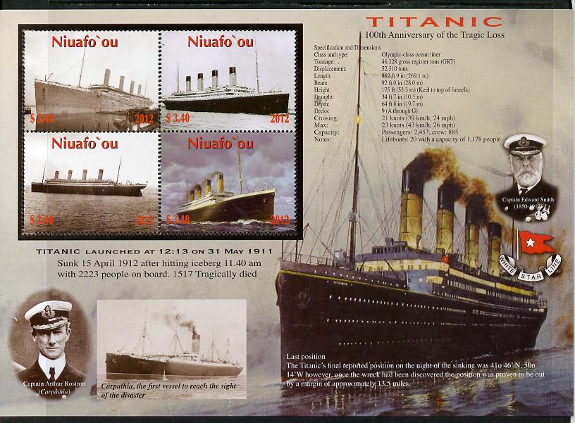 Tonga - Niuafo'ou 2012 Titanic large perf sheetlet containing 4 values unmounted mint , stamps on , stamps on  stamps on ships, stamps on  stamps on titanic, stamps on  stamps on disasters, stamps on  stamps on 