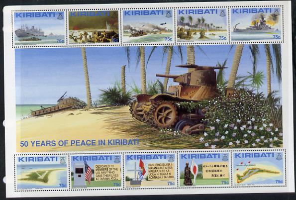 Kiribati 1993 50th Anniv of Battle of Tarawa perf sheetlet containing 10 x 75c values unmounted mint SG 416-25, stamps on battles, stamps on  ww2 , stamps on ships, stamps on mps, stamps on militaria