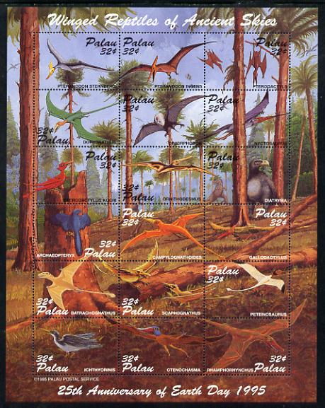 Palau 1995 25th Anniv of Earth Day - Dinosaurs composite perf sheetlet containing 18 x 32c values unmounted mint SG 869-86, stamps on , stamps on  stamps on dinosaurs