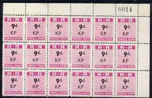 Northern Rhodesia 1951-68 Railway Parcel stamp 9d (small numeral - sans serif) overprinted KP (Kapiri M'Posho) fine unmounted mint corner block of 18 with sheet number, stamps on , stamps on  stamps on northern rhodesia 1951-68 railway parcel stamp 9d (small numeral - sans serif) overprinted kp (kapiri m'posho) fine unmounted mint corner block of 18 with sheet number