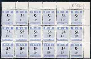 Northern Rhodesia 1951-68 Railway Parcel stamp 5d (small numeral) overprinted EP (Pemba) fine unmounted mint corner block of 18 with sheet number, stamps on , stamps on  stamps on northern rhodesia 1951-68 railway parcel stamp 5d (small numeral) overprinted ep (pemba) fine unmounted mint corner block of 18 with sheet number