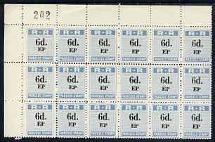 Northern Rhodesia 1951-68 Railway Parcel stamp 6d (small numeral - with serifs) overprinted EP (Pemba) fine unmounted mint corner block of 18 with sheet number, stamps on , stamps on  stamps on northern rhodesia 1951-68 railway parcel stamp 6d (small numeral - with serifs) overprinted ep (pemba) fine unmounted mint corner block of 18 with sheet number
