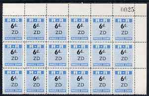 Northern Rhodesia 1951-68 Railway Parcel stamp 6d (small numeral) overprinted ZD (Zimba) fine unmounted mint corner block of 18 with sheet number, stamps on , stamps on  stamps on northern rhodesia 1951-68 railway parcel stamp 6d (small numeral) overprinted zd (zimba) fine unmounted mint corner block of 18 with sheet number