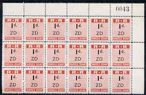Northern Rhodesia 1951-68 Railway Parcel stamp 1d (small numeral) overprinted ZD (Zimba) fine unmounted mint corner block of 18 with sheet number, stamps on 