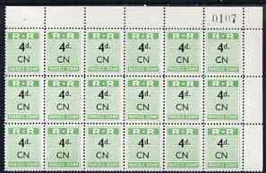Northern Rhodesia 1951-68 Railway Parcel stamp 4d (small numeral) overprinted CN (Chingola) fine unmounted mint corner block of 18 with sheet number, stamps on , stamps on  stamps on northern rhodesia 1951-68 railway parcel stamp 4d (small numeral) overprinted cn (chingola) fine unmounted mint corner block of 18 with sheet number