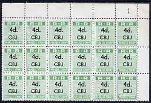 Northern Rhodesia 1951-68 Railway Parcel stamp 4d (small numeral) overprinted CBJ (Chambishi) fine unmounted mint corner block of 18 with sheet number, stamps on , stamps on  stamps on northern rhodesia 1951-68 railway parcel stamp 4d (small numeral) overprinted cbj (chambishi) fine unmounted mint corner block of 18 with sheet number